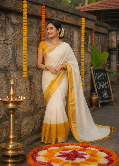 Mul Cotton Saree In Yellow - Kerala