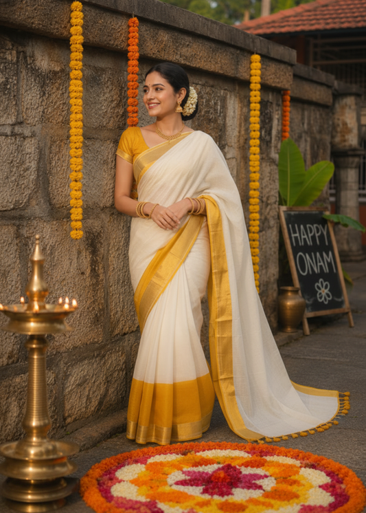 Mul Cotton Saree In Yellow - Kerala