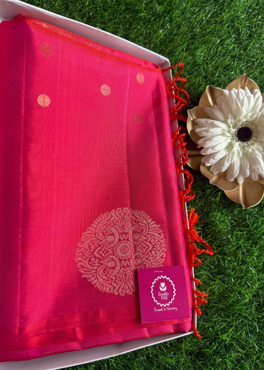 Pink And Orange Dual Toned Pure Kancheepuram Soft Silk Saree- TN