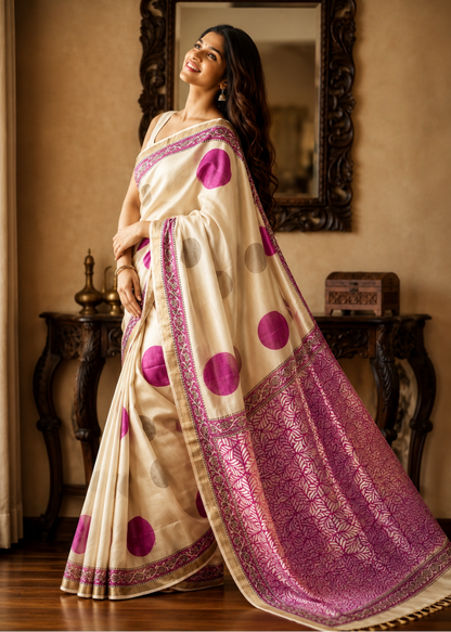Pink and White Maheshwari Block Printed Saree - Jaipur