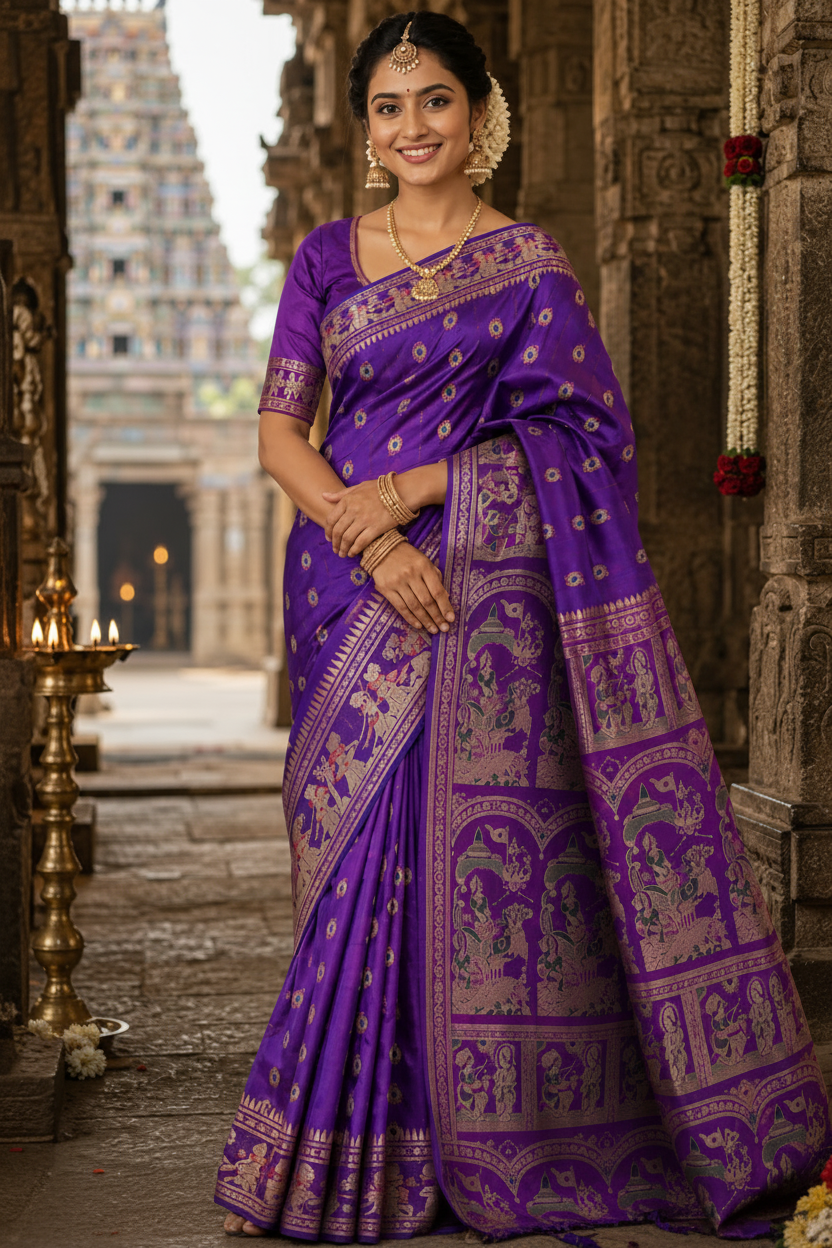Dual Toned Purple Swarnachuri Silk Saree- Bengal