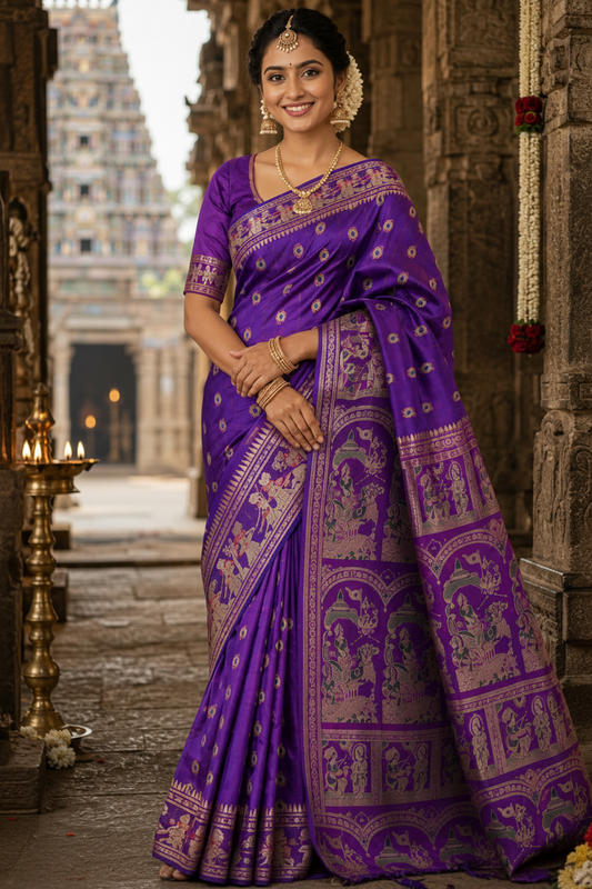 Dual Toned Purple Swarnachuri Silk Saree- Bengal
