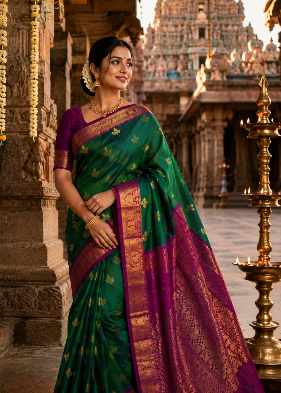 Bottle Green and Wine Pure Soft Silk Saree- TN