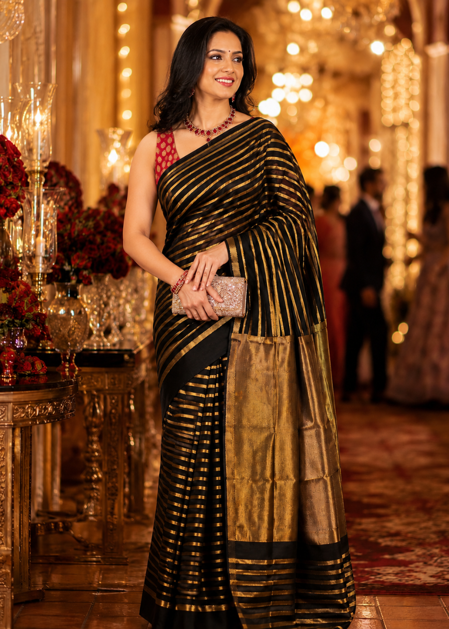 Black and Golden Maheshwari Silk Saree - MP