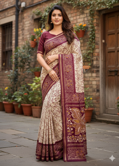 Beige and Maroon Semi Silk Saree - Casual