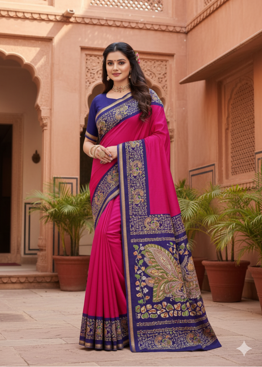 Reddish Pink and Blue Semi Silk Saree - Casual