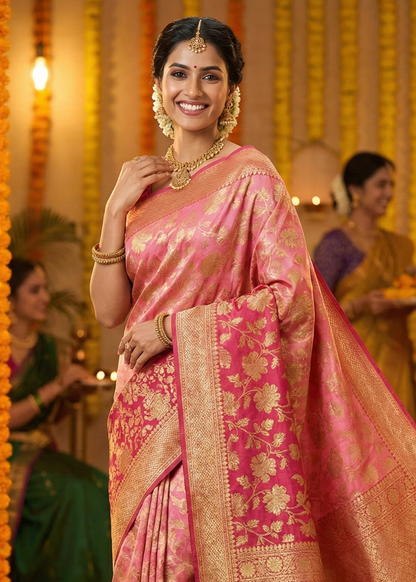 Light & Dark Pink Banarasee Dupion Saree - Banaras