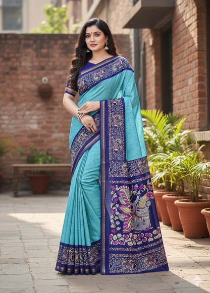 Blue Semi Silk Saree - Casual