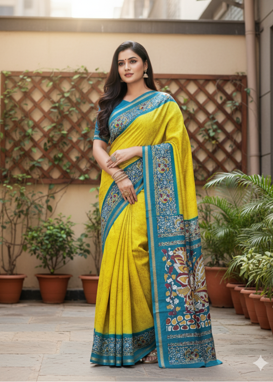 Yellow and Rama Green Semi Silk Saree - Casual