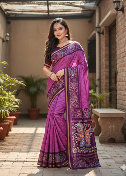Onion Pink and Maroon Semi Silk Saree - Casual
