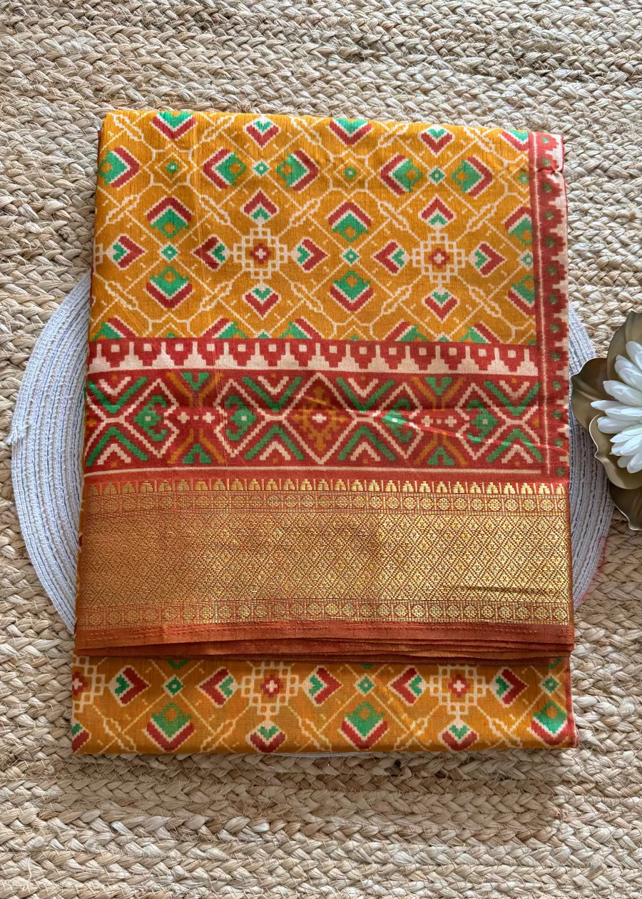 Yellow and Peach Pochampalli Semi Silk Saree - Andhra