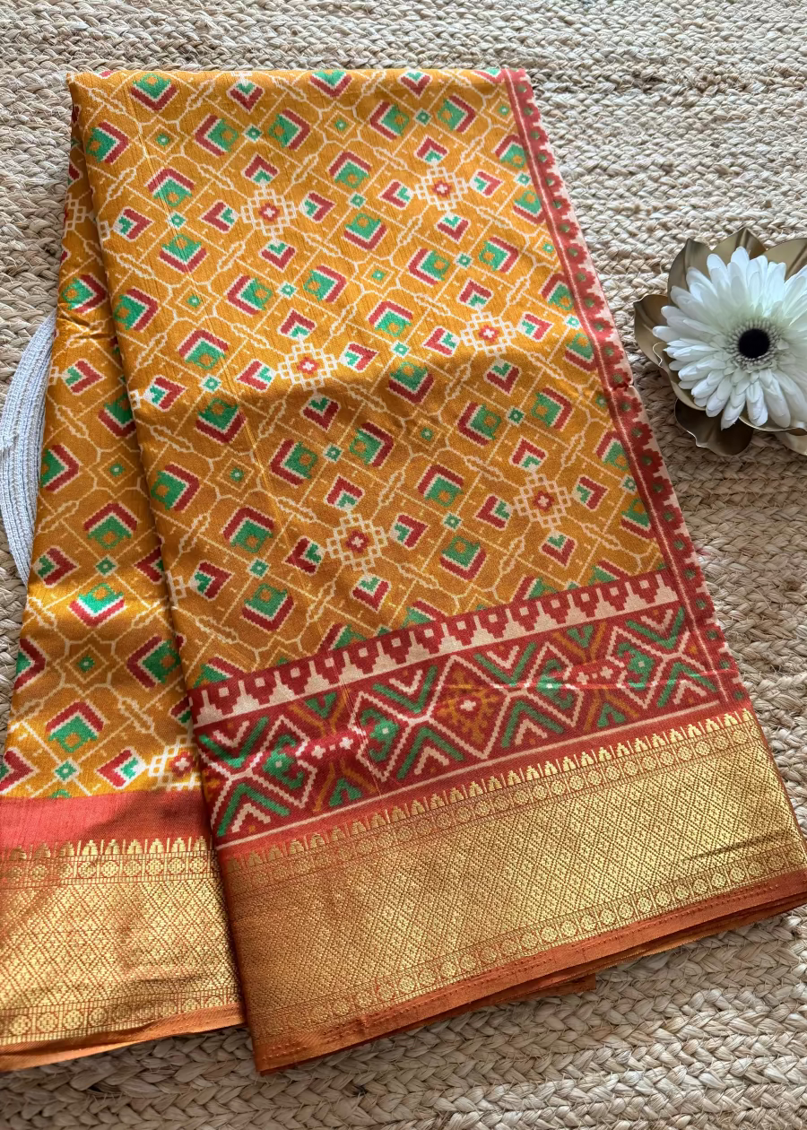Yellow and Peach Pochampalli Semi Silk Saree - Andhra