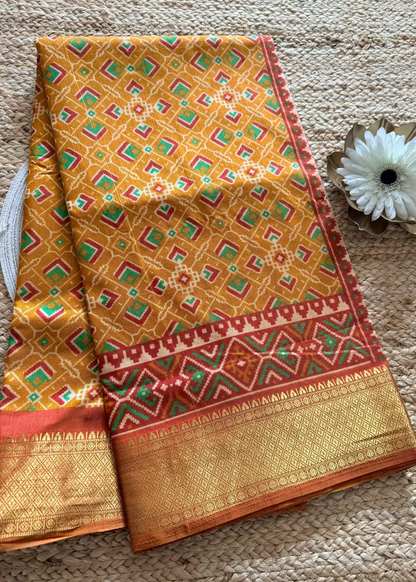 Yellow and Peach Pochampalli Semi Silk Saree - Andhra