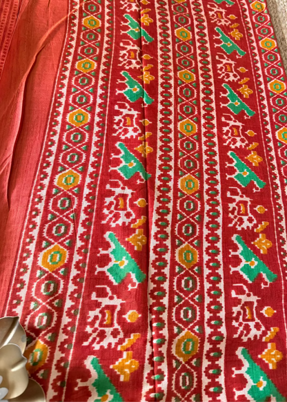 Yellow and Peach Pochampalli Semi Silk Saree - Andhra