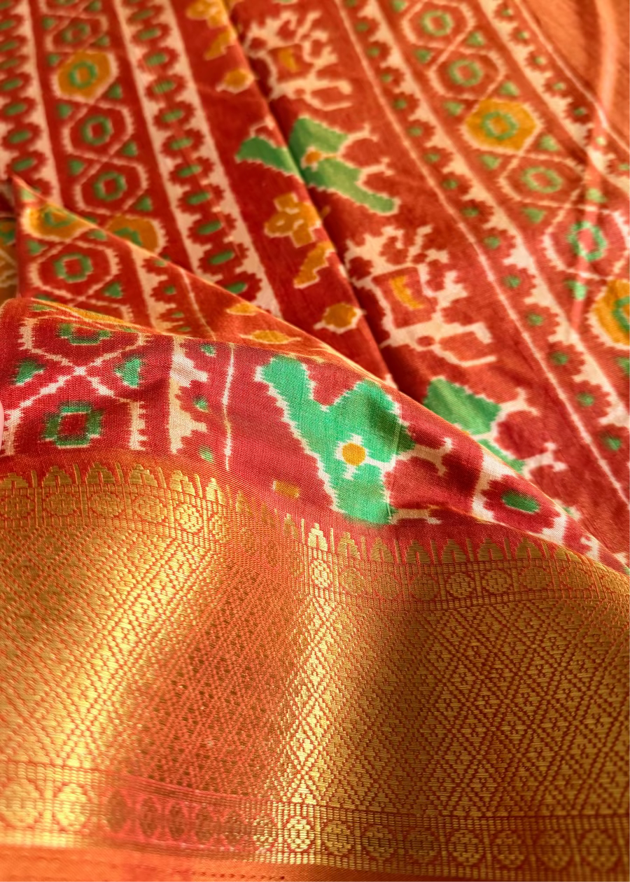 Yellow and Peach Pochampalli Semi Silk Saree - Andhra
