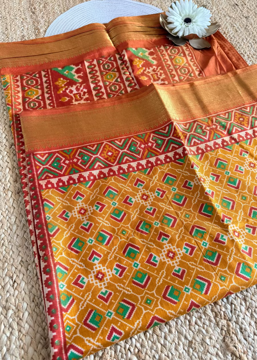 Yellow and Peach Pochampalli Semi Silk Saree - Andhra