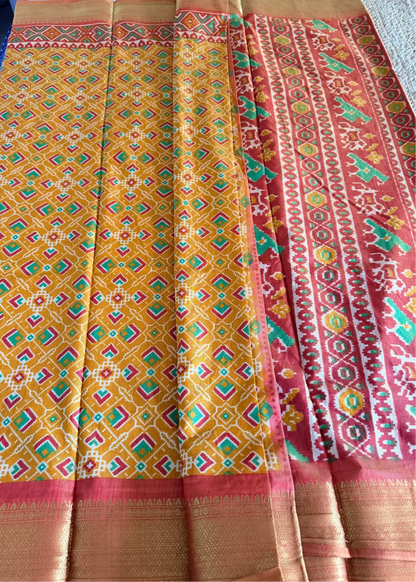Yellow and Peach Pochampalli Semi Silk Saree - Andhra