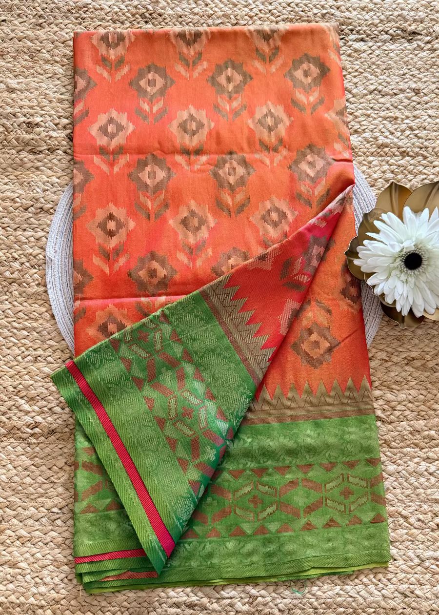 Orange and Green Pochampalli Semi Silk Saree - Andhra