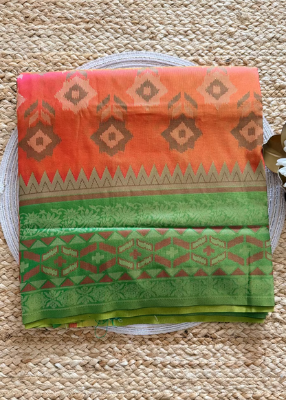 Orange and Green Pochampalli Semi Silk Saree - Andhra