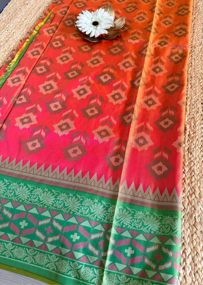 Orange and Green Pochampalli Semi Silk Saree - Andhra