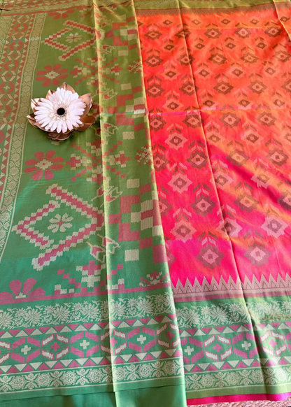 Orange and Green Pochampalli Semi Silk Saree - Andhra