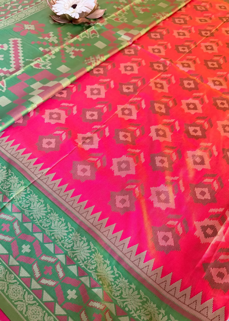 Orange and Green Pochampalli Semi Silk Saree - Andhra