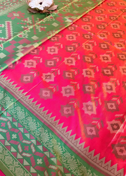 Orange and Green Pochampalli Semi Silk Saree - Andhra