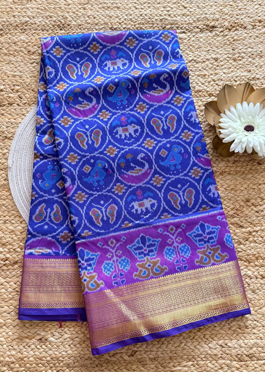 Blue and Purple Pochampalli Semi Silk Saree - Andhra