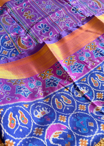 Blue and Purple Pochampalli Semi Silk Saree - Andhra