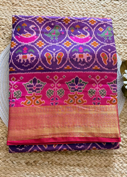 Violet and Pink Pochampalli Semi Silk Saree - Andhra