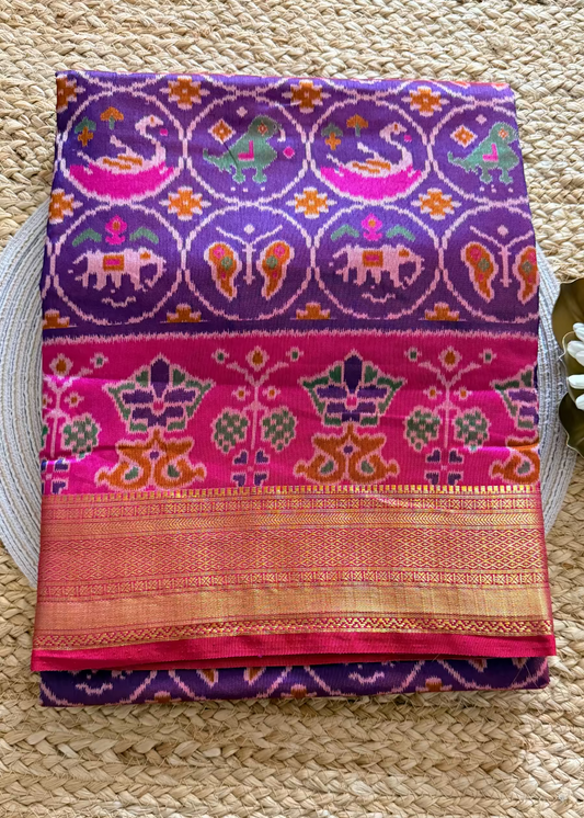 Violet and Pink Pochampalli Semi Silk Saree - Andhra