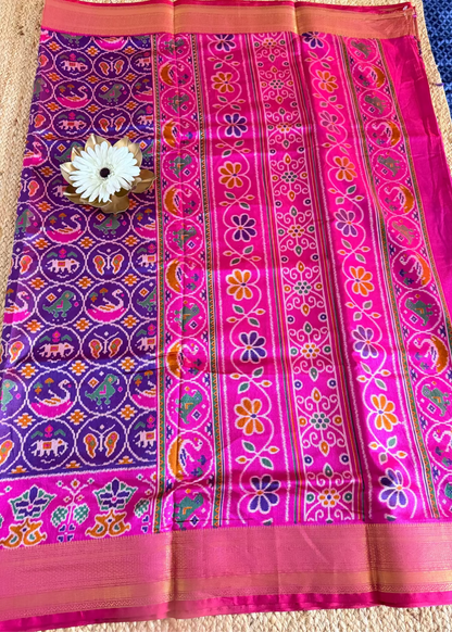 Violet and Pink Pochampalli Semi Silk Saree - Andhra