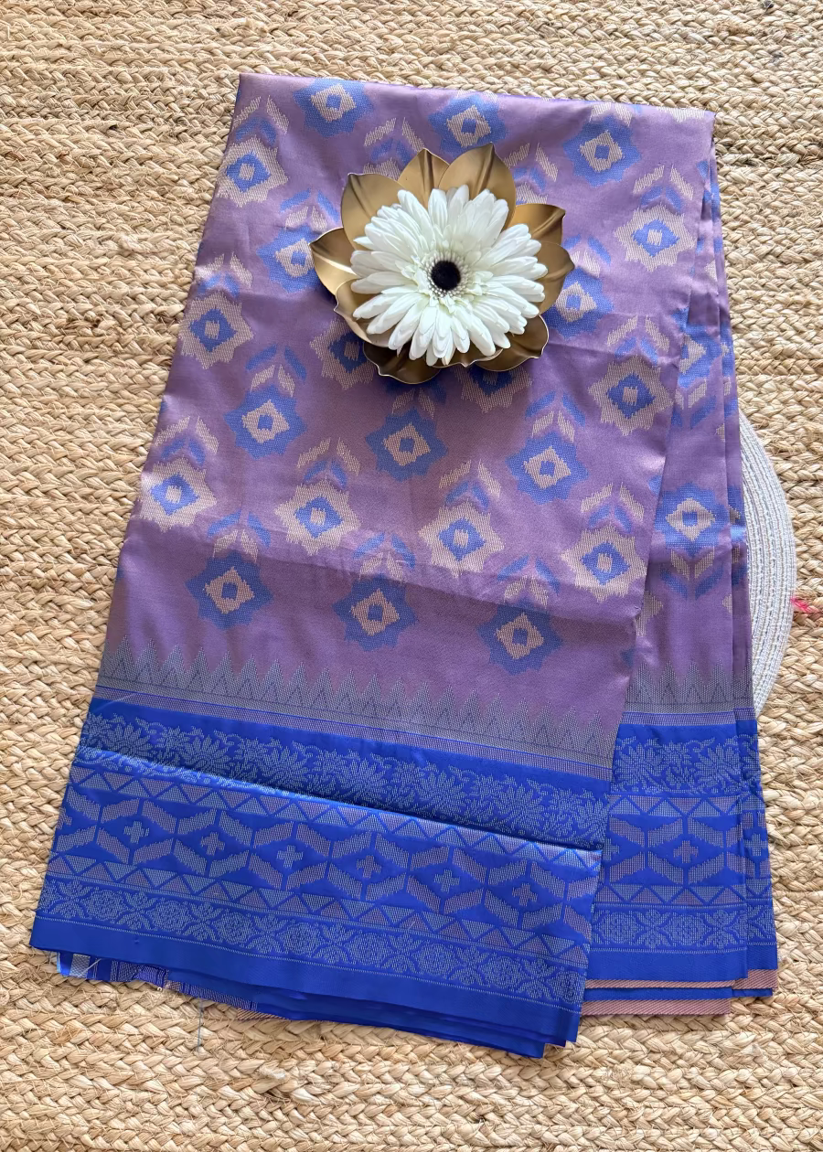 Lavender and Blue Pochampalli Semi Silk Saree - Andhra