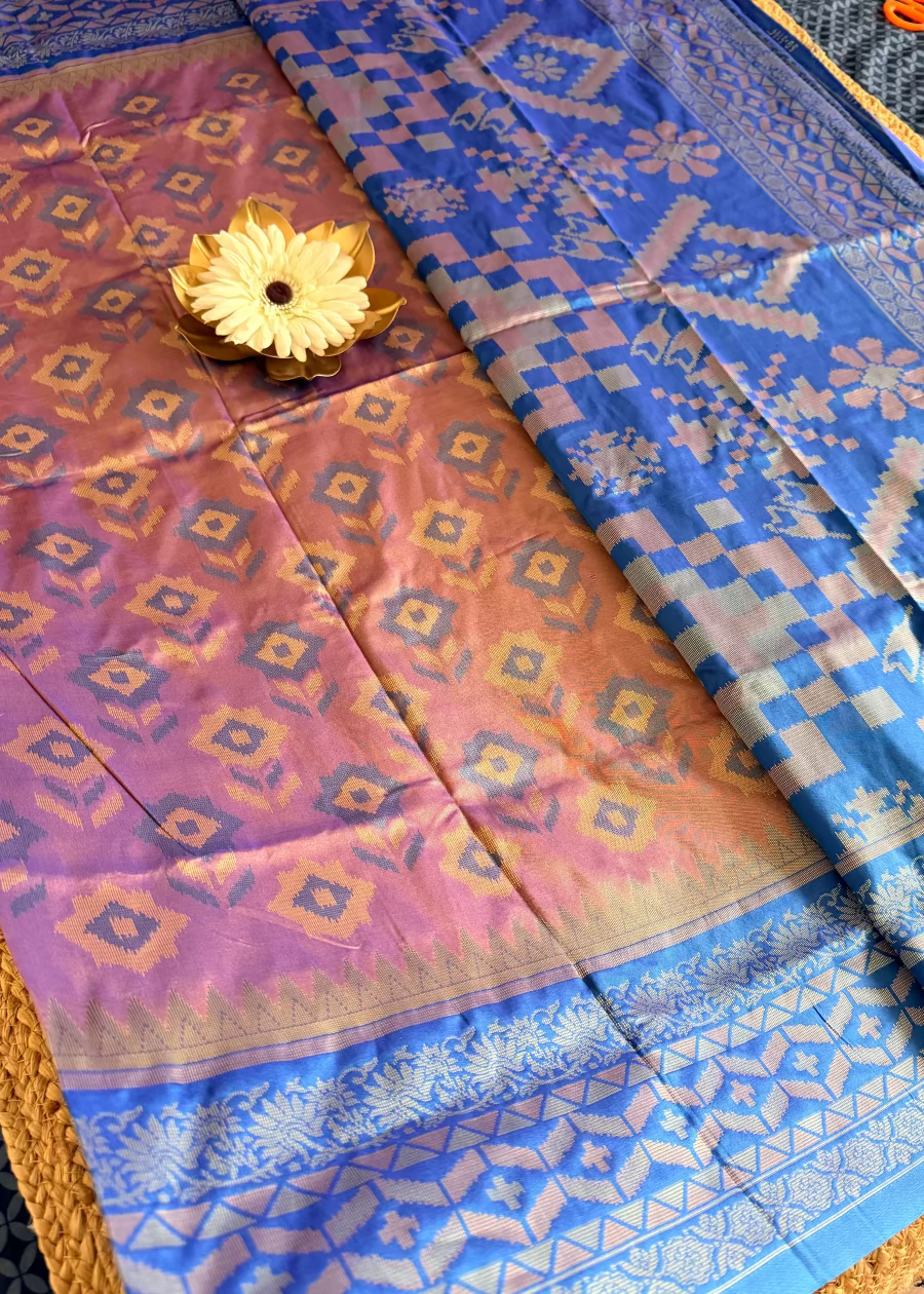 Lavender and Blue Pochampalli Semi Silk Saree - Andhra