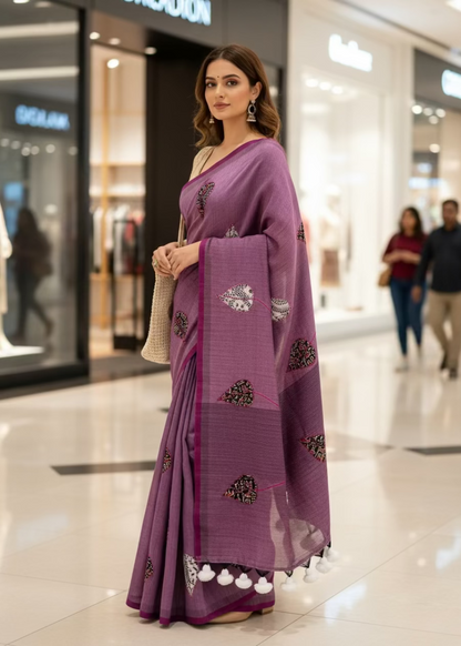 Light Wine Patch Work Cotton Saree - Bengal