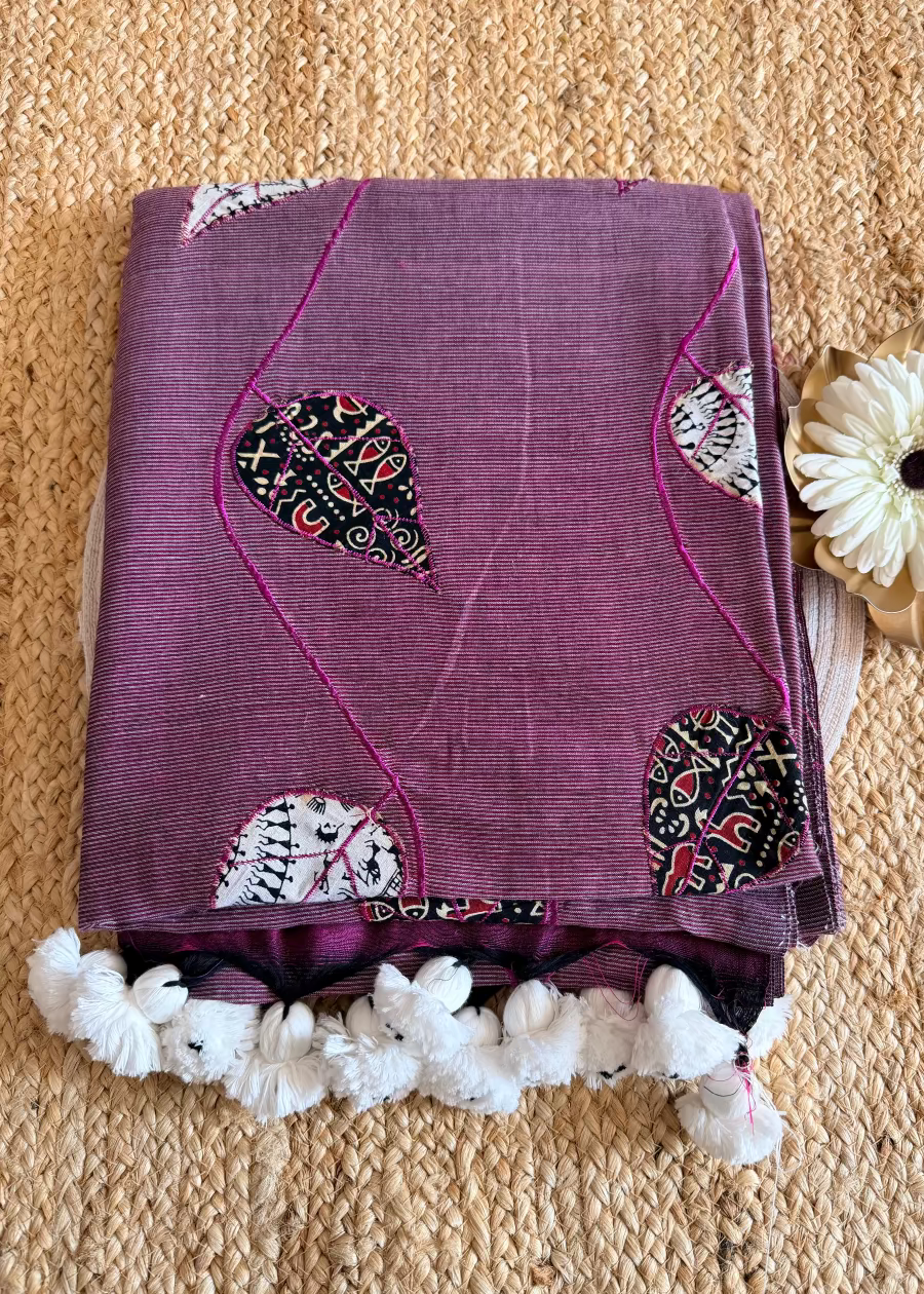 Light Wine Patch Work Cotton Saree - Bengal