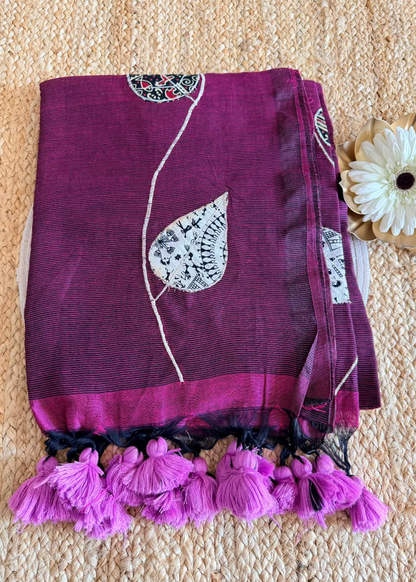 Dark Wine Colour Patch Work Cotton Saree - Bengal