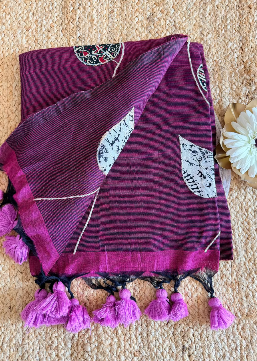 Dark Wine Colour Patch Work Cotton Saree - Bengal