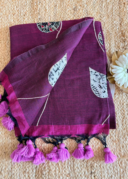 Dark Wine Colour Patch Work Cotton Saree - Bengal