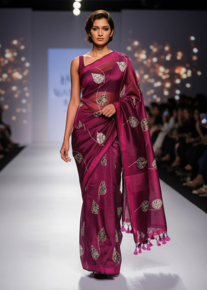 Dark Wine Colour Patch Work Cotton Saree - Bengal