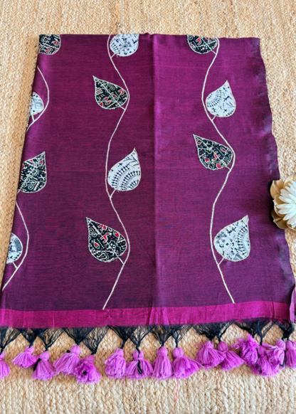 Dark Wine Colour Patch Work Cotton Saree - Bengal