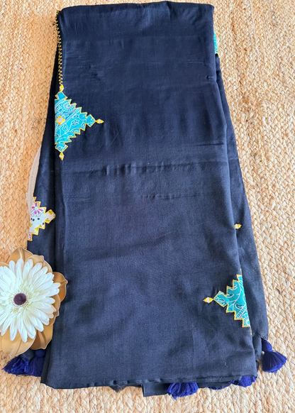 Black Patch Work Cotton Saree- Bengal