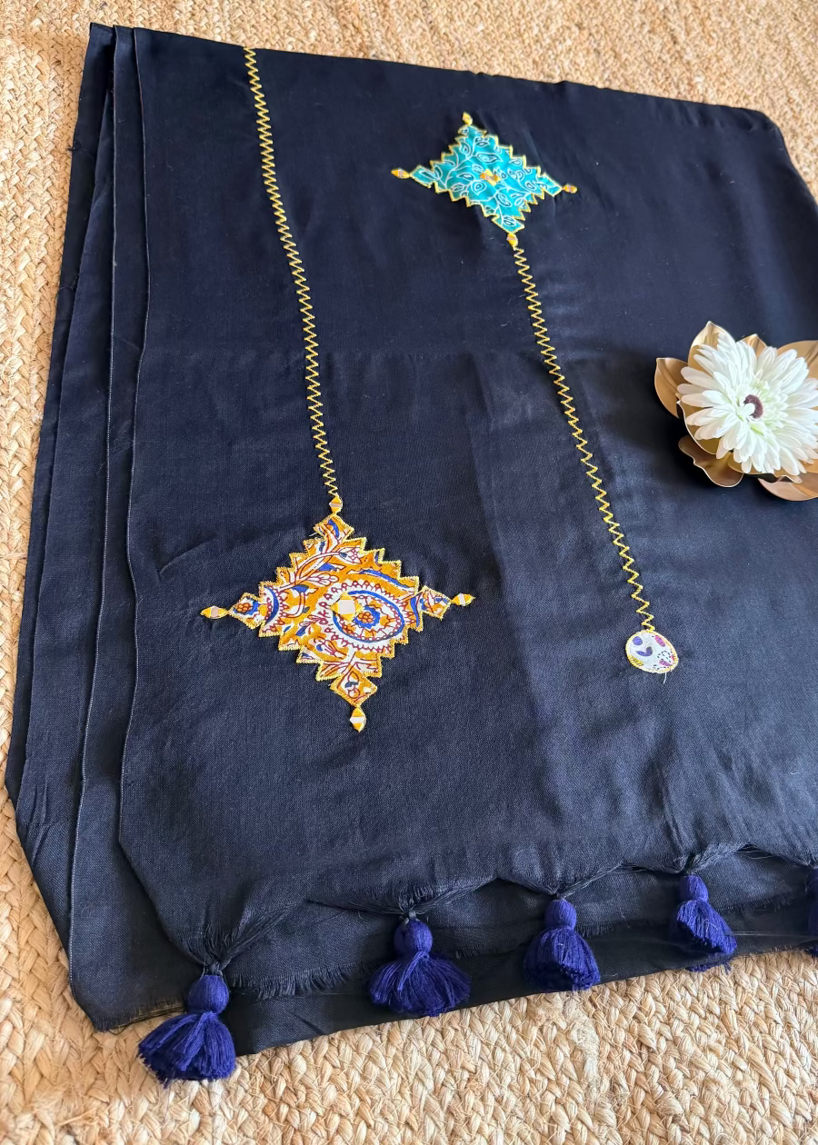Black Patch Work Cotton Saree- Bengal