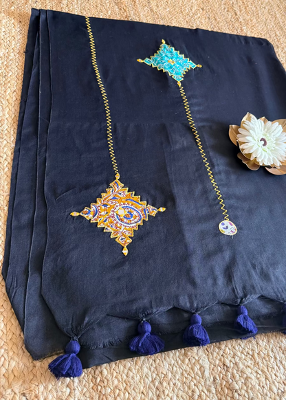 Black Patch Work Cotton Saree- Bengal