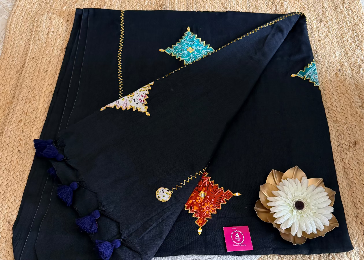 Black Patch Work Cotton Saree- Bengal