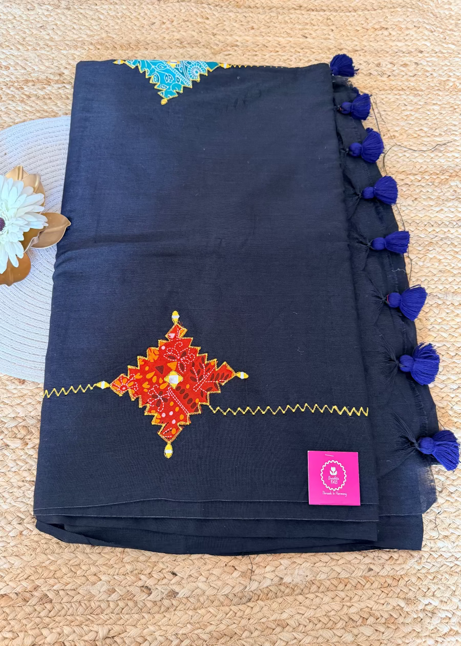 Black Patch Work Cotton Saree- Bengal