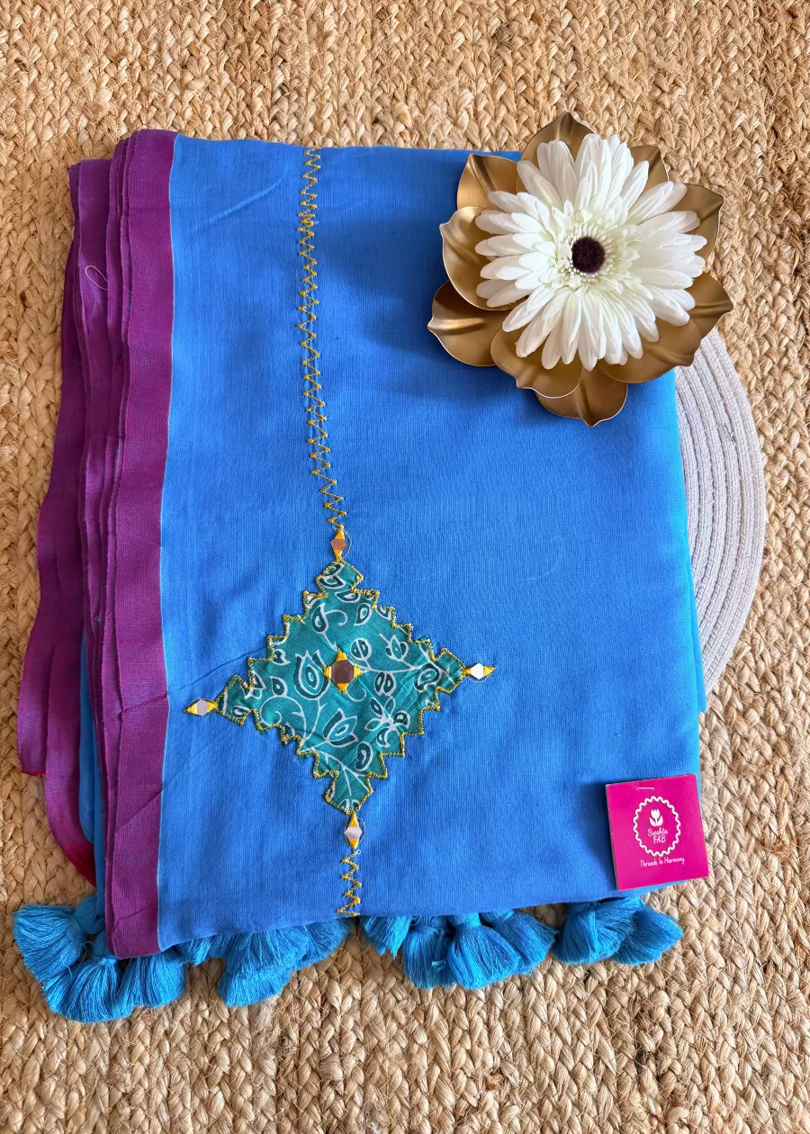 Blue Patch Work Soft Cotton Saree- Bengal