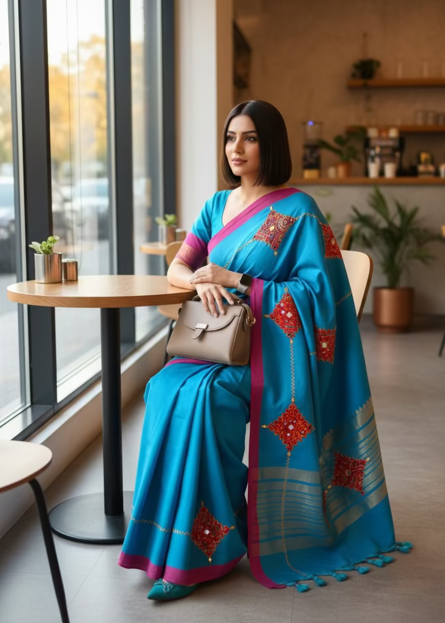 Blue Patch Work Soft Cotton Saree- Bengal