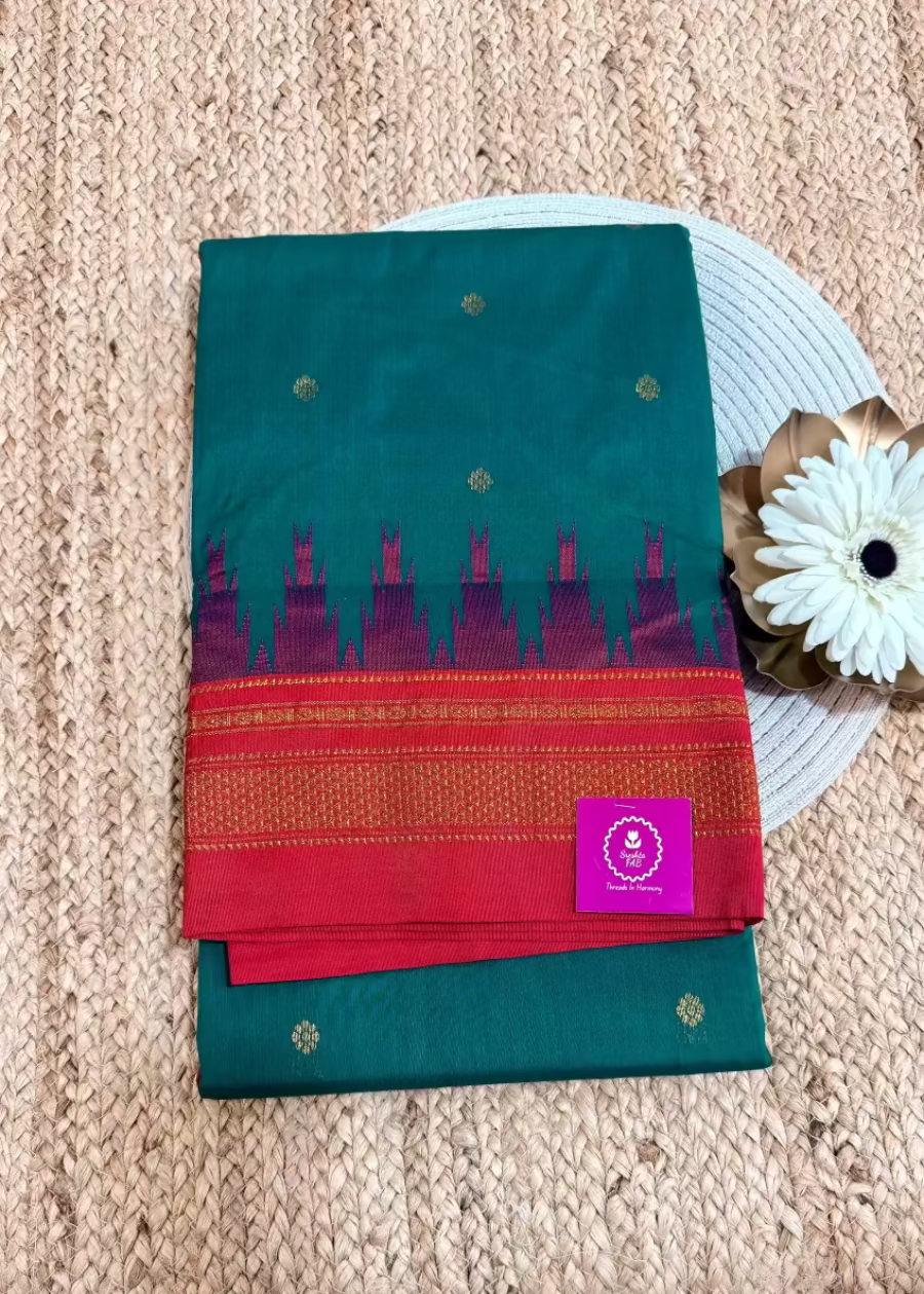 Peacock Green and Red Ilkal Silk Cotton Saree - Karnataka