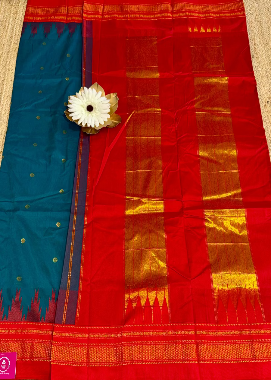 Peacock Green and Red Ilkal Silk Cotton Saree - Karnataka
